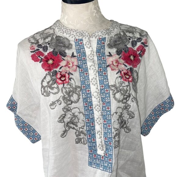 Johnny Was Womens Top Size Small White Embroidered Floral Casual Pure Linen - Picture 4 of 12